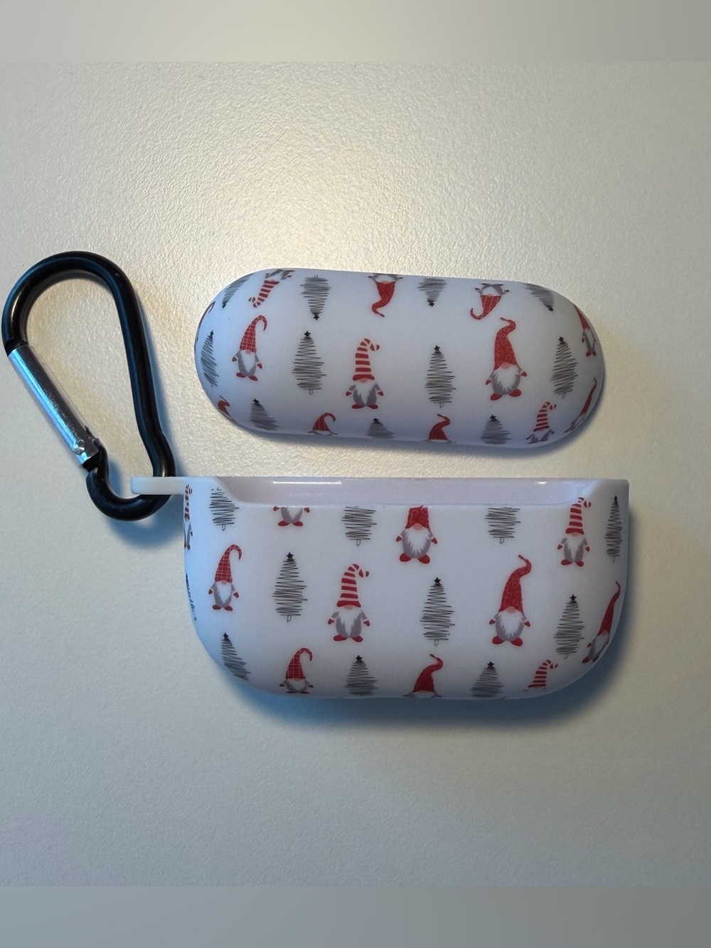 AirPods Pro holiday gnome‎ print white case with metal carabiner clip